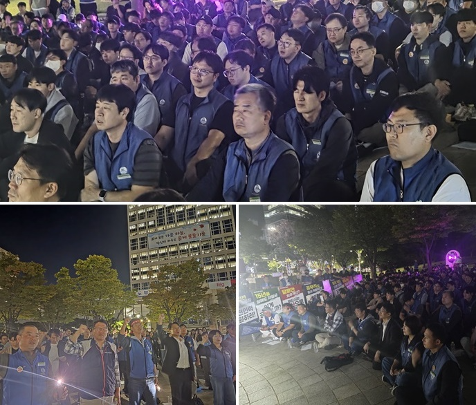 부산교통공사 무기계약직(공무직)노동자들이 10월 8일 오후 7시 부산시청앞 광장에서 차별철폐와 처우 개선을 촉구하며 부산지하철 공무직 조합원 결의대회를 갖고 있다.(사진제공=부산지하철노조)