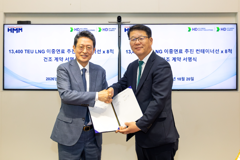 20일(화) HD현대가 HMM과 1만3,000TEU급 LNG 이중연료 추진 컨테이너선 8척에 대한 건조 계약을 체결했다. (사진 오른쪽부터 HD현대중공업 여용화 선박영업본부장, HMM 최원혁 대표이사).(사진=HD현대)