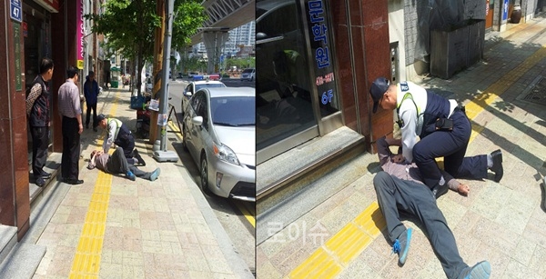 ▲영선지구대경찰관이평소배운대로심폐소생술을실시하고있다.(사진제공=부산경찰청)