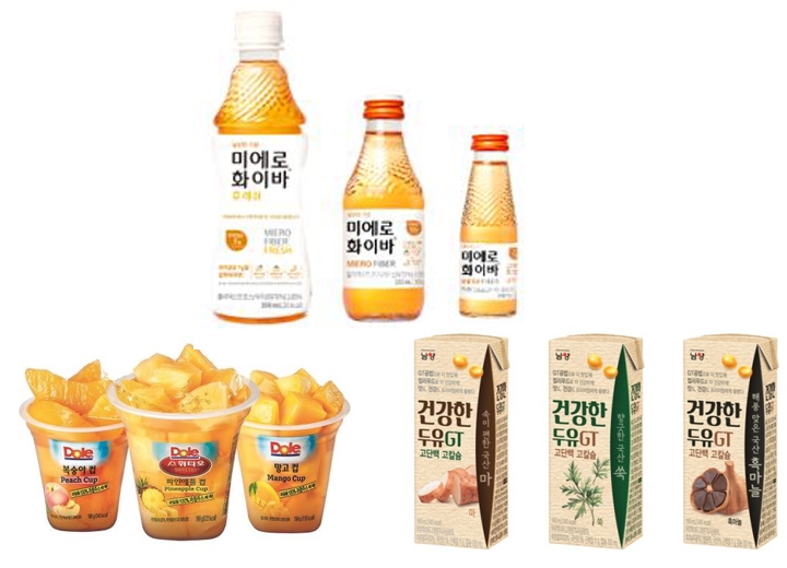 -위부터 시계 방향으로 현대약품 ‘미에로화이바’, 남양유업 ‘건강한 두유 GT’ 돌 ‘후룻컵’(사진=관련유통업계 제공)