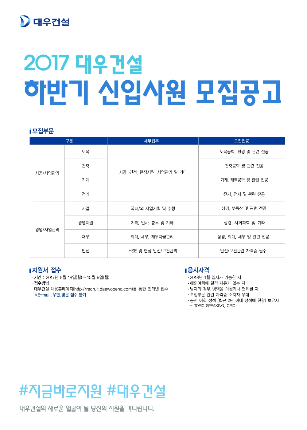 신입사원 모집공고.(사진=대우건설)