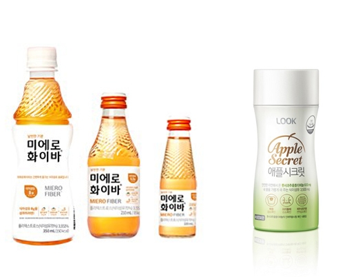 ▲왼쪽부터 현대약품 ‘미에로화이바’, 한국야쿠르트 ‘룩애플시크릿’