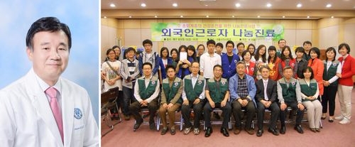 16회 한미참의료인상 수상자인 강성웅 교수(좌)와 사랑의교회 의료봉사팀(우)(사진=한미약품)