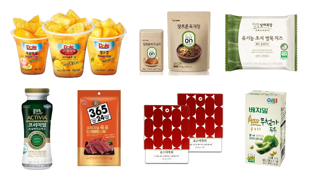 왼쪽위부터 시계방향으로_DOLE(돌), 한국야쿠르트, 매일유업, 정식품, 죠스떡볶이, 사조해표, 풀무원건강생활.(사진=돌코리아)