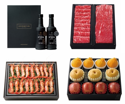 좌상부터 시계방향으로 고메이494 유기농 참기름∙들기름, 한우만족세트, 천애금수 프리미엄 3종 세트, 독도도화새우 선물세트 (사진=한화 갤러리아백화점)