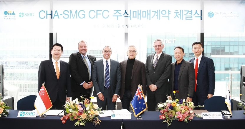 31일 판교 차바이오컴플렉스에서 호주 최고 수준의 난임센터인 City Fertility Centre와 주식인수계약을 체결했다. 왼쪽부터 차바이오그룹 송재훈 회장, City Fertility Centre CEO 애드난 카타코빅(Adnan Catakovic), City Fertility Centre 이사 데이비드 네이든(David Nathan), 차병원그룹 글로벌종합연구소 차광렬 소장, City Fertility Centre 의사 앤드류 데이빗슨(Andrew Davidson), S ingapore Medical Group CEO 텍 리앙 벵(Teck Liang Beng), 차헬스케어 윤경욱 대표