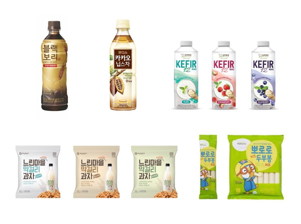 하이트진로음료 ‘블랙보리’, 일동후디스 ‘후디스 카카오닙스차’, 매일유업 상하목장 ‘케피어12’ 3종, 풀무원식품 ‘뽀로로 키즈 두부봉 치즈’, 배상면주가 ‘느린마을 막걸리 과자’ 3종 이미지. (사진=진로하이트음료)