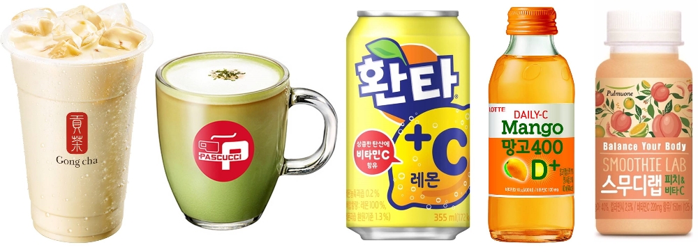 왼쪽부터 공차코리아의 '그린 밀크티', 파스쿠찌의 '제주 말차샷라떼', 코카-콜라의 '환타+C 레몬', 롯데칠성음료의 '데일리C 망고400D+', 풀무원녹즙의 '스무디랩 피치&비타C' . (사진=공차코리아)