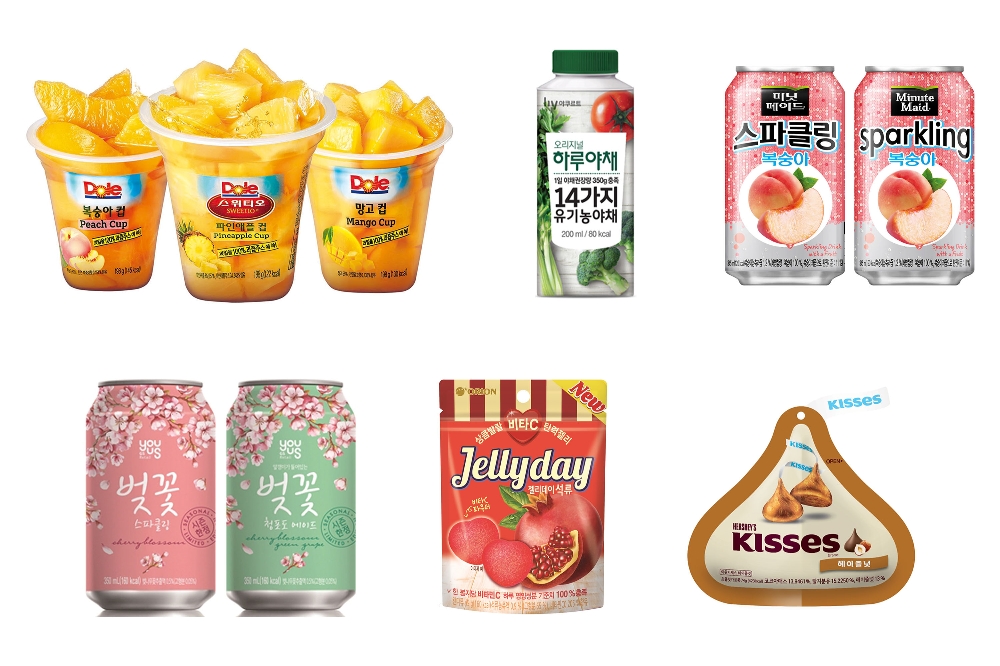 왼쪽위부터 시계방향으로 DOLE(돌), 한국야쿠르트, 미닛메이드, 키세스, 오리온, GS25. (사진=이목)