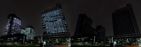 21일 저녁 '지구촌 전등끄기' 캠페인 실시 전(좌측)과 동참한 후(우측) 수원 '삼성 디지털시티' 전경 비교. (사진=삼성전자)