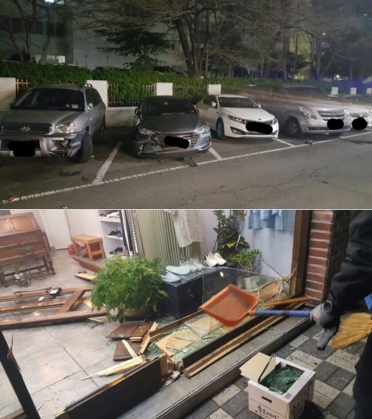 추자된 차량 4대와 옷가게 유리문 손괴.(사진제공=부산지방경찰청)