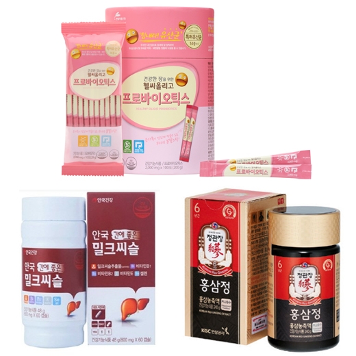 ▲위부터 차례로 현대약품 ‘헬씨올리고 프로바이오틱스’, 안국건강 ‘간에 좋은 밀크씨슬’, 정관장 ‘홍삼정’