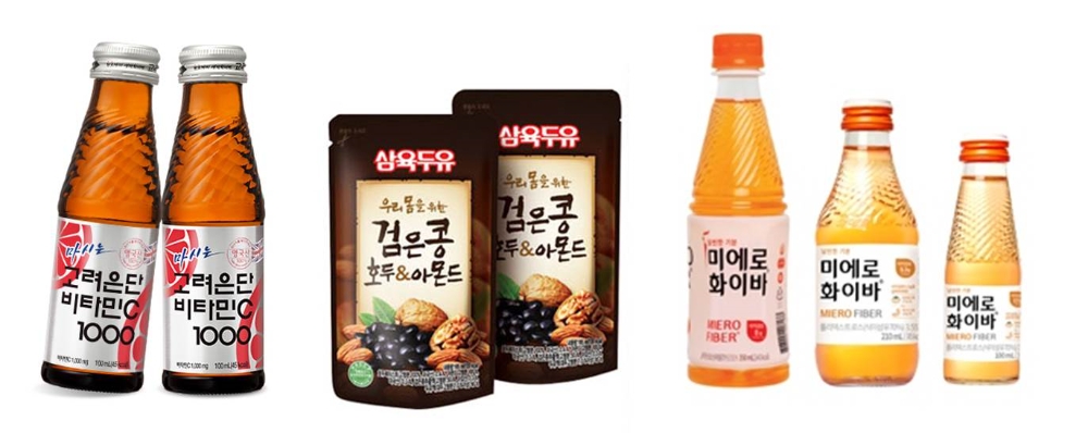 (사진=왼쪽부터 고려은단 비타민C 1000’, 삼육식품 ‘검은콩 호두&아몬드 두유’, 현대약품 ‘미에로화이바’)