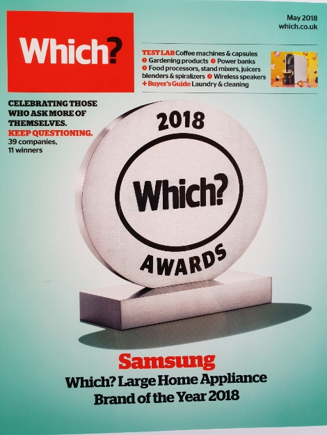 삼성전자가 영국 런던에서 개최된 영국 소비자연맹지 '위치(Which)'지 주관 '위치 어워드(Which Awards) 2018'에서 '올해 최고의 대형가전 브랜드(Large Appliance Brand of the Year)로 선정됐다. (사진=삼성전자)