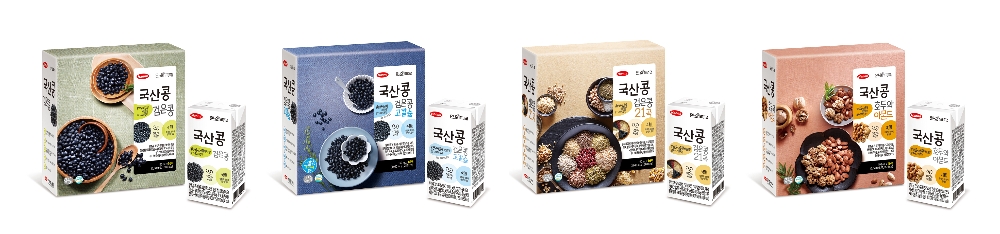 ‘완全전두유 국산콩’ 패밀리 4종(검은콩, 검은콩 고칼슘, 검은콩 21곡, 호두와 아몬드)100% 국산콩을 통째로 갈아서 만든 두유에 100억마리 유산균(배양분말)을 더한 ‘완全전두유 국산콩’ 패밀리 제품 4종 출시. (사진=한미헬스케어)