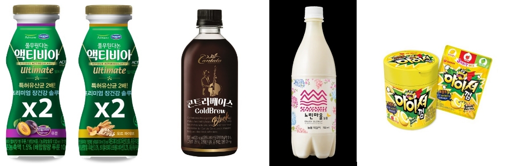 왼쪽부터 풀무원다논 ‘액티비아 얼티밋’ ‘푸룬’‘오트 파이브’,롯데칠성음료 ‘칸타타 콘트라베이스 콜드브루 블랙’