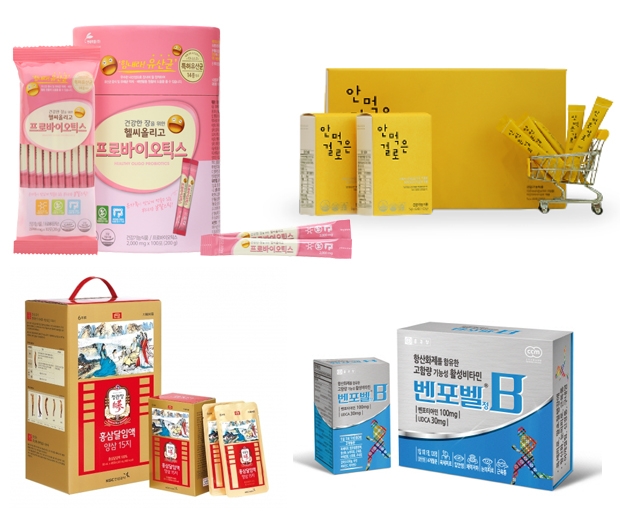 ▲ 맨 왼쪽 위부터 차례로 현대약품 ‘헬씨올리고 프로바이오틱스’, 시치미뚝 ‘안먹은걸로’, KGC인삼공사 정관장 ‘홍삼달임액’, 종근당 ‘벤포벨’