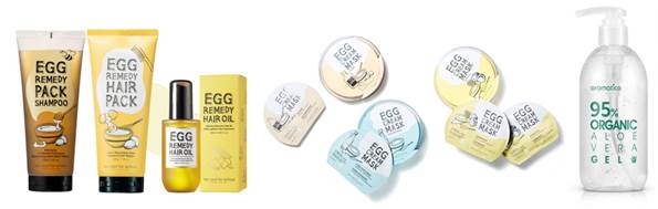 ▲왼쪽부터 투쿨포스쿨 ‘에그 레미디 헤어라인 3종’, ‘에그 크림 마스크 3종’, 아로마티카 '95% 유기농 알로에베라 젤'