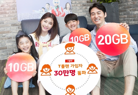 모델들이 신규 요금제 ‘T플랜’이 출시 1주만에 가입자 30만명을 돌파했다고 알리고 있는 모습. (사진=SK텔레콤)