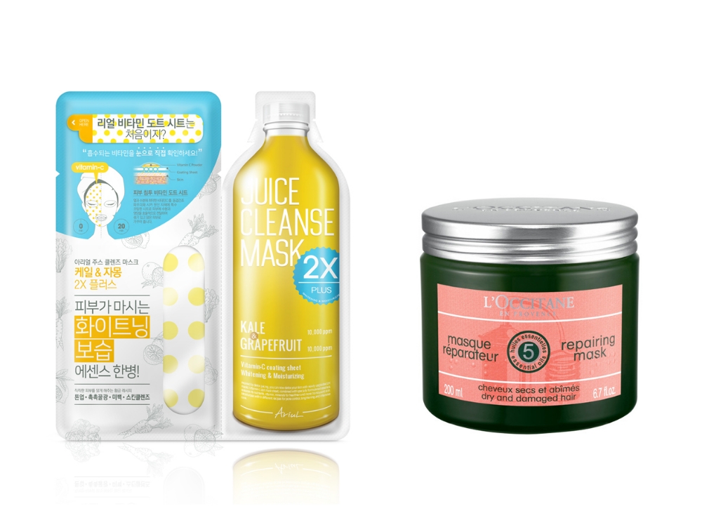 < ▲ 사진 : (좌로부터) 아리얼 ‘주스 클렌즈 마스크 2X 플러스’, 록시땅 ‘아로마 리페어 헤어 마스크’ >