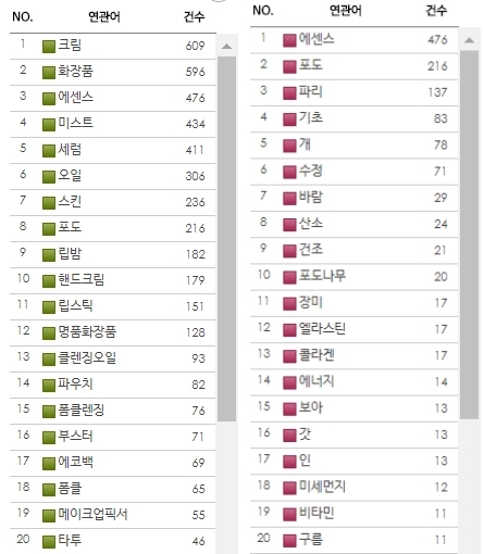 (좌) 꼬달리와 상품 관련 연관어 순위 (우)꼬달리와 자연/환경 관련 연관어 순위