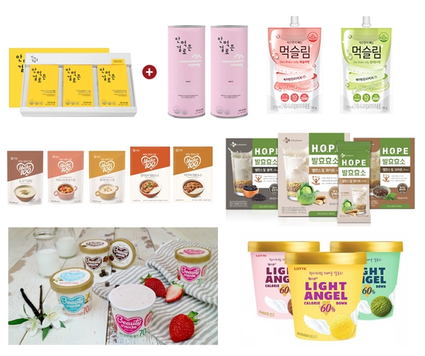 ▲왼쪽 위부터 차례로 시치미뚝 ‘안먹은걸로’, ‘안먹은걸로 쓱’, 천호엔케어 ‘먹슬림’, 아워홈 ‘언더100’, CJ제일제당 ‘H.O.P.E 발효효소 밸런스밀’ , 빙그레 ‘뷰티인사이드’, 롯데제과 ‘라이트엔젤’