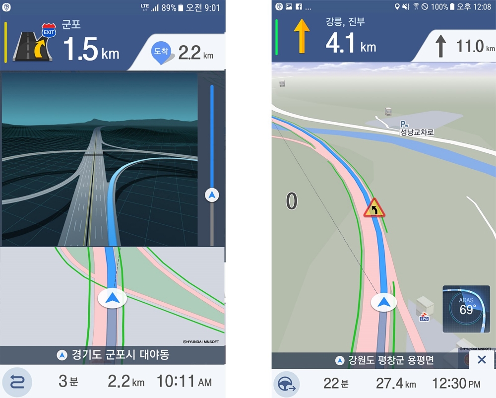 (좌)영동고속도로 정밀지도 분기모식도, (우)영동고속도로 ADAS 기반 곡선구간 안내.(사진=현대엠엔소프트)