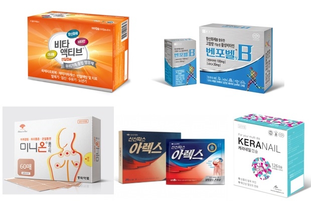 ▲왼쪽부터 차례로 현대약품 ‘비타액티브’, 종근당 ‘벤포벨’, 동화약품 ‘미니온’, 신신제약 ‘신신파스 아렉스’, 현대약품 ‘케라네일’
