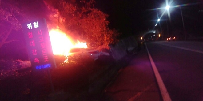 차량이 화단을 충격후 화재가 발생.(사진제공=부산지방경찰청)