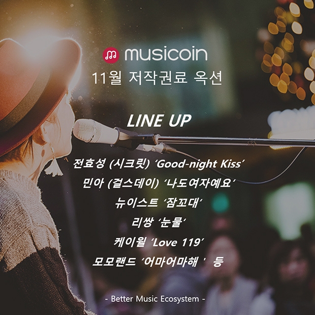 뉴이스트, 리쌍, 케이윌 등 곡,  ‘뮤지코인’에서 11월 저작권료 옥션 등장