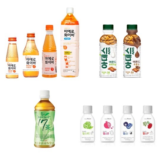 ▲ 왼쪽 위부터 시계방향으로 현대약품 ‘미에로화이바’, 코카콜라 ‘아데스’, 남양유업 ‘17茶’, 천호엔케어 ‘웰스’ (사진= 각사 제공)