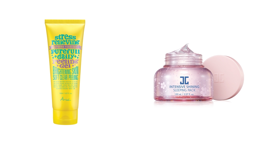▲ (왼쪽부터) 아리얼 ‘스트레스 릴리빙 퓨어풀 데일리 필링젤’, 제이준코스메틱 ‘인텐시브 샤이닝 슬리핑 팩’