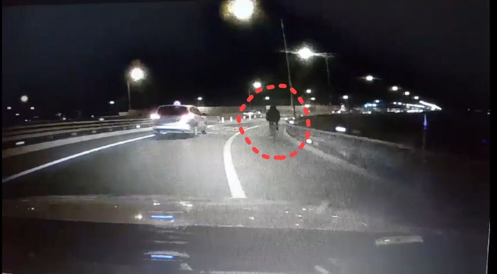 자전거로 고속도로 갓길로 운행하고 있다.(사진제공=부산지방경찰청)