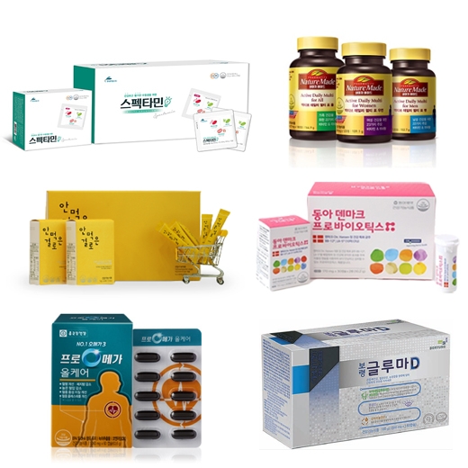 ▲ 왼쪽 위부터 차례로 현대약품 ‘스펙타민’, 한국오츠카제약 ‘네이처메이드’ 멀티비타민 3종, 시치미뚝 ‘안먹은걸로’, 동아제약 ‘동아 덴마크 프로바이오틱스’, 종근당건강 `프로메가 올케어`, 보령컨슈머헬스케어 ‘보령 글루마D’ (사진= 각사 제공)
