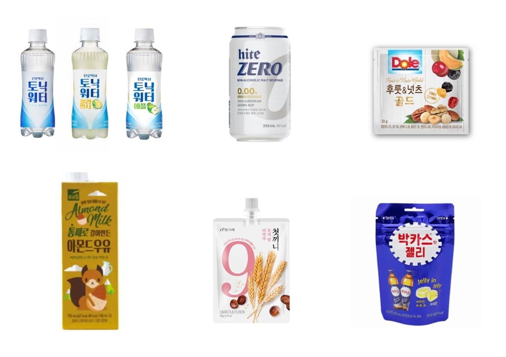 하이트진로음료 ‘진로믹서 토닉워터’ 3종, ‘하이트제로0.00’, 돌 코리아 ‘후룻&넛츠 골드’, 동아제약 ‘박카스맛 젤리’, 빙그레 ‘첫끼니 타락죽’, 푸르밀 ‘통째로 갈아만든 아몬드우유’. (사진=하이트진로음료)