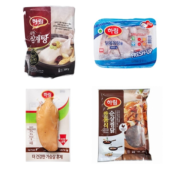 왼쪽부터, 하림 신선삼계탕, 프레쉬업, 더 건강한 가슴살 훈제, 안동식 순살 찜닭 (사진=하림)