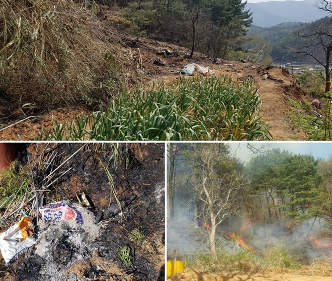 피의자가 경작한 텃밭과 실화 현장.(사진제공=부산경찰청)