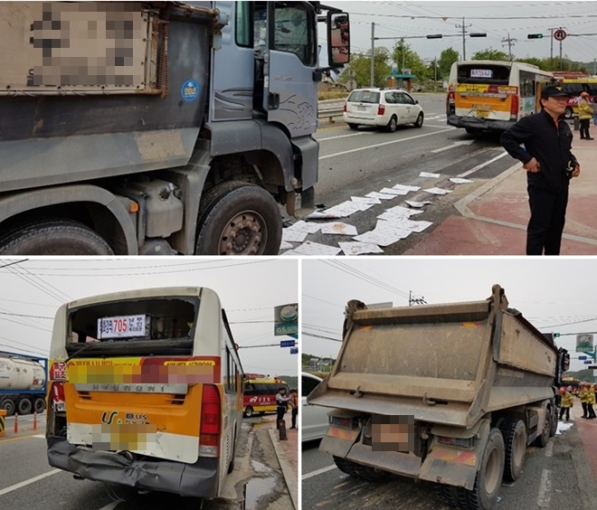 덤프트럭이 시내버스 후미 추돌한 사고현장.(사진제공=울산소방본부)