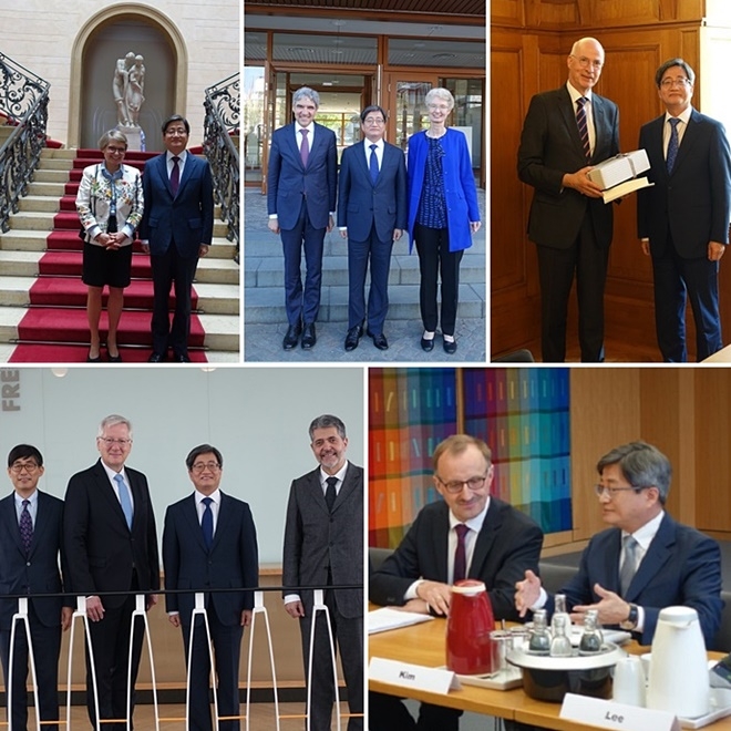 (사진위왼쪽부터 시계방향으로)연방일반법원 림페르크 법원장과 김명수 대법원장/연방헌법재판소 하르바르트 부소장, 김명수 대법원장, 쾨니히 재판관/연방행정법원 레네르트 법원장, 김명수 대법원장/연방노동법원 린크 부법원장과 대담/금창록 프랑크푸르트 총영사, 프라이부르크대학 쉬버 총장, 김명수 대법원장, 포셔 법대 학장이 기념촬영.(사진제공=대법원)