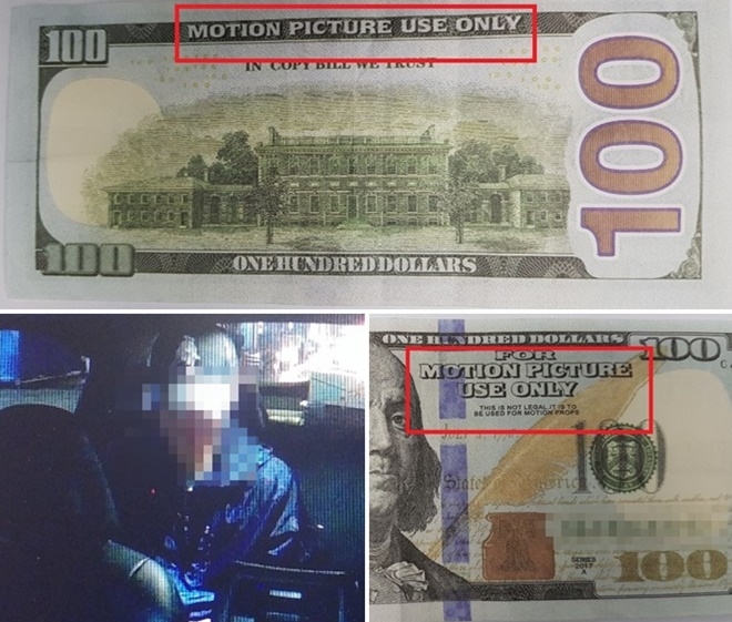 영화소품용 100달러 지폐와 피의자.(사진제공=부산경찰청)