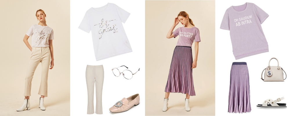 여름 코디, ‘화이트&바이올렛’ 컬러 반팔 티셔츠로 스타일 UP