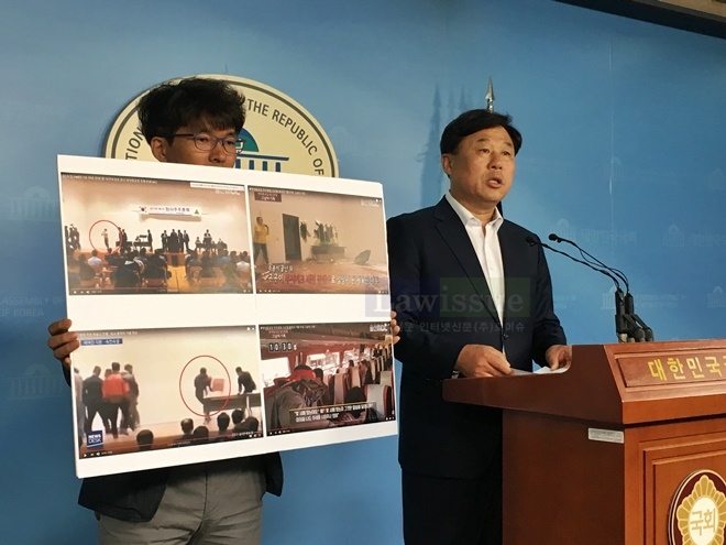 김종훈 국회의원이 6월 10일 국회정론관에서 기자회견을 열고 현대중공업 사측폭력에 대한 엄정 수사를 촉구하고 있다.(사진제공=김종훈의원실)