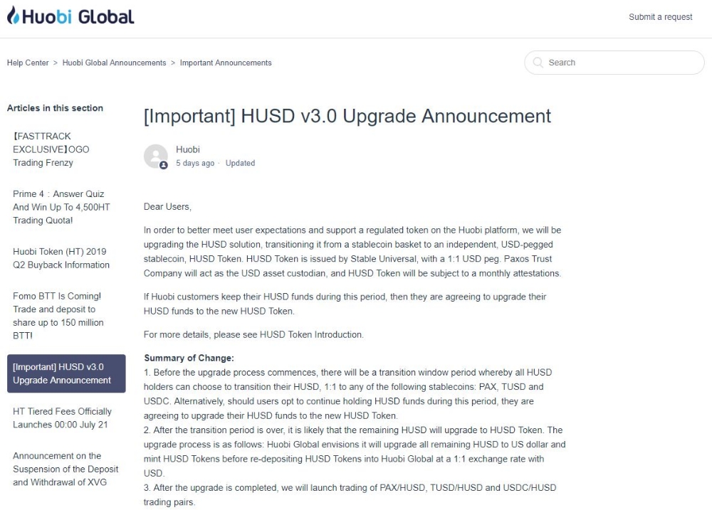 후오비 글로벌, 후오비 최초 스테이블 코인 ‘HUSD Token’ 공개
