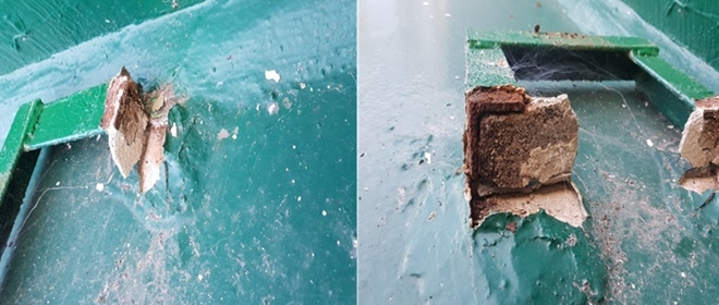 (사고 현장 사진, 부식된 앵글이 망가짐).(사진제공=건설플랜트노조울산지부)