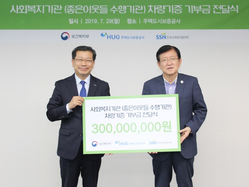 이재광 HUG 사장(왼쪽)과 서상목 한국사회복지협의회장(오른쪽)이 ‘사회복지기관 차량 기증사업’ 기부금 전달식을 갖고 기념 촬영을 하고 있다.(사진=HUG)