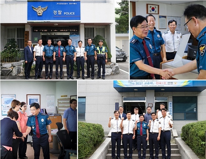 김창룡 부산경찰청장이 추석연휴 특별교통상황을 점검하고 관계자들을 격려하고 있다.(사진제공=부산경찰청)