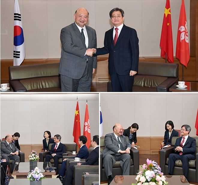 김명수 대법원장이 9월 24일 대법원에서 제프리 마(Geoffrey Ma Tao-li) 홍콩특별행정구(이하 ‘홍콩’) 종심법원장(終審法院長)을 만나 환담을 하고 있다.(사진제공=대법원)