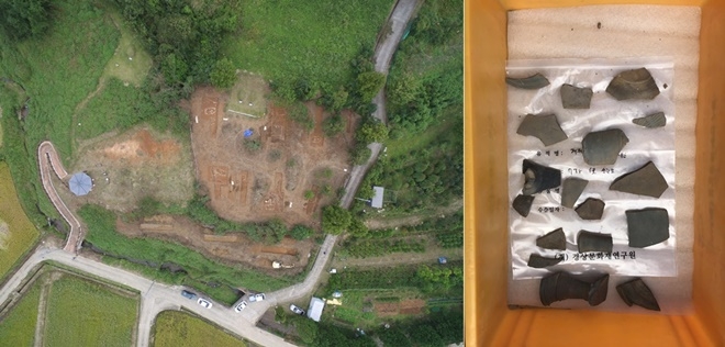 방하리고분군 조사구역 전경과 출토유물.(사진제공=거제시)