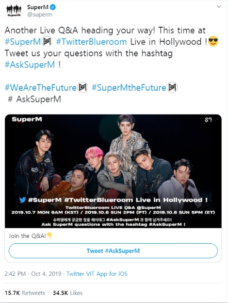 SM엔터 글로벌 프로젝트 그룹 ‘SuperM'과 트위터의 ‘블루룸 라이브’ 진행 소개 이미지. 사진=트위터코리아