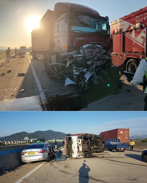 남해2지선 순천방향 사고현장.(사진제공=부산경찰청)